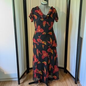 Vintage floral layered, black, burnt orange and yellow flowers dress